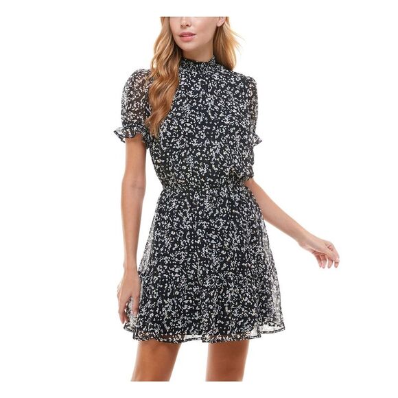 CRYSTAL DOLLS Womens Short Sleeve Mock Neck Short Cocktail Fit + Flare Dress - Picture 1 of 2